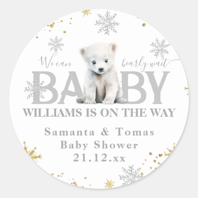 Pegatina Redonda Bienvenida Baby Shower de Winter Modern Bearly Wai (Anverso)