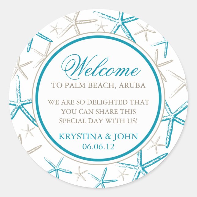 Pegatina Redonda Bienvenida Boda Skinny Finger Starfish (Anverso)