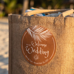 Pegatina Redonda Bienvenida de boda de hoja de palma de playa en na