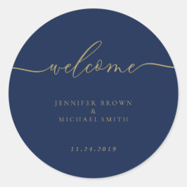 Pegatina Redonda Bienvenida de boda simple navy oro script