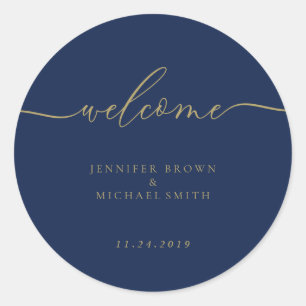 Pegatina Redonda Bienvenida de boda simple navy oro script
