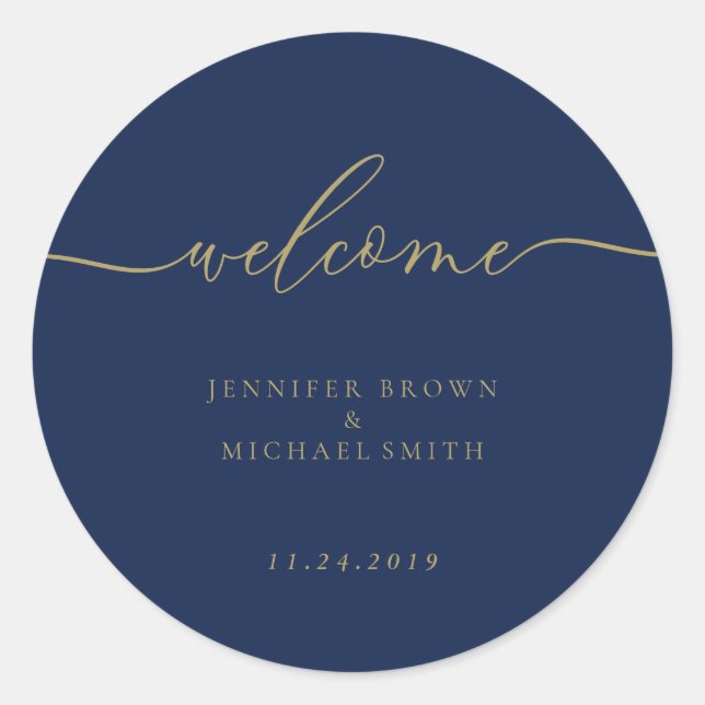 Pegatina Redonda Bienvenida de boda simple navy oro script (Anverso)