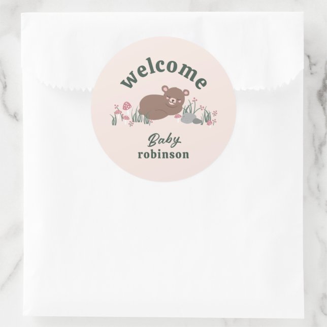Pegatina Redonda Bienvenida Dulce Woodland Baby Bear Ronda Rosa (Bolso)