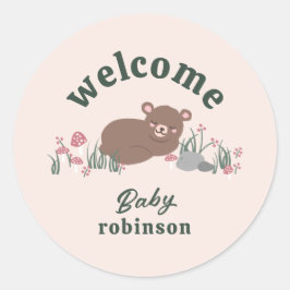 Pegatina Redonda Bienvenida Dulce Woodland Baby Bear Ronda Rosa
