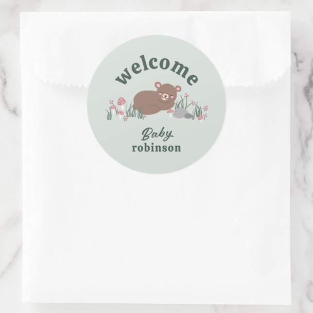 Pegatina Redonda Bienvenida Dulce Woodland Baby Bear Ronda Verde (Bolso)