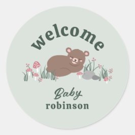 Pegatina Redonda Bienvenida Dulce Woodland Baby Bear Ronda Verde
