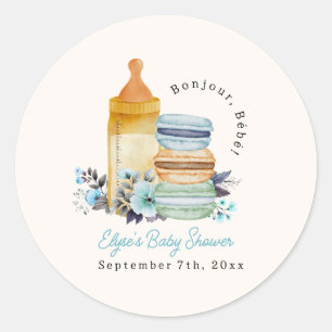 Pegatina Redonda Bienvenida Macarons y Baby Shower de Niño Leche