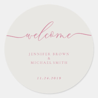 Pegatina Redonda Bienvenida Mínima Firma Simple Rosa