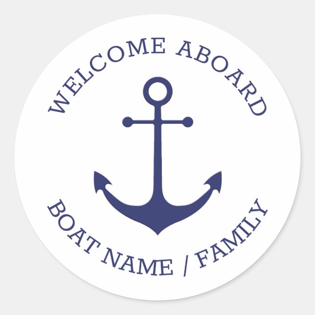 Pegatina Redonda Bienvenida personalizado Aboard ancla náutica mari (Anverso)