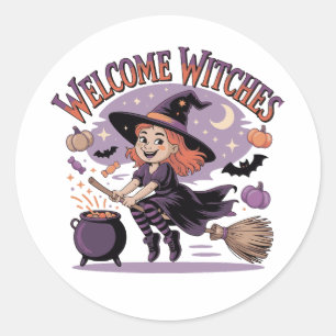 Pegatina Redonda Bienvenidas Brujas - Bruja Adorable de Halloween