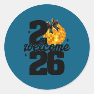 Pegatina Redonda Bienvenido 2026 Feliz Año Nuevo Bola de Disco y Co