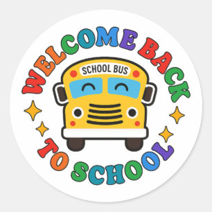 Pegatina Redonda Bienvenido de vuelta al autobús escolar de dibujos