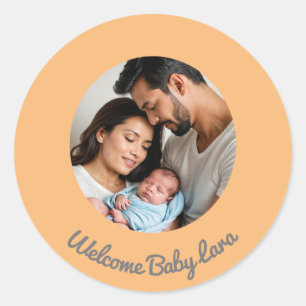 Pegatina Redonda bienvenido recién nacido chica o niño melocotón, b