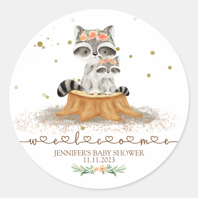 Pegatina Redonda Bienvenidos a Baby Shower en Woodland Raccoon (Anverso)