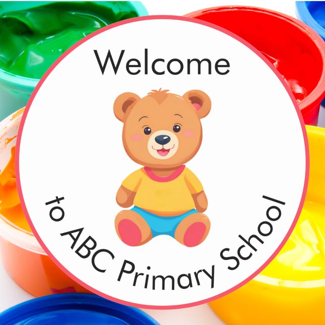 Pegatina Redonda Bienvenidos a la escuela primaria Teddy Bear Kids (A welcome to school sticker with cute teddy bear picture and custom text)