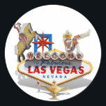 Pegatina Redonda Bienvenidos a Las Vegas<br><div class="desc">Cartel de bienvenida de Las Vegas con tres famosos iconos de Las Vegas: La lámpara mágica, Neon Caballero y Gal de Fremont Street ~~ Gracias por detenerse. Gravityx9 Designs ofrece una gran variedad de diseños e imágenes. Para más productos relacionados con el tema de juegos, por favor haga clic en...</div>
