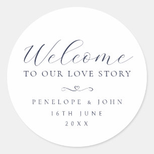 Pegatina Redonda Bienvenidos a Nuestra Historia de Amor Script Eleg