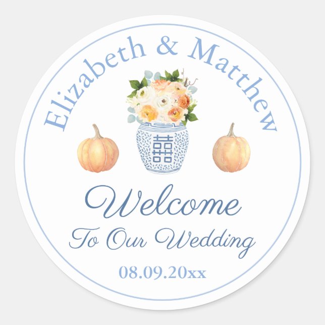 Pegatina Redonda Bienvenidos Al Boda Chinoiserie De Calabaza Azul Y (Anverso)