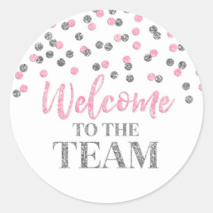 Pegatina Redonda Bienvenidos al equipo al Confetti rosado plateado