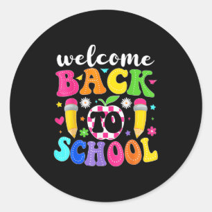 Pegatina Redonda Bienvenidos De Nuevo A Los Maestros Escolares Feli