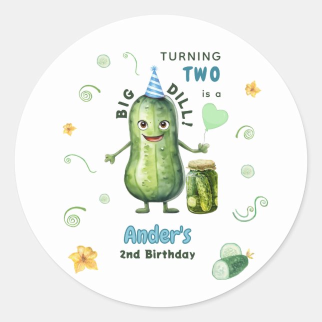 Pegatina Redonda Big Dill Pickle Boy Birthday Any Age (Anverso)