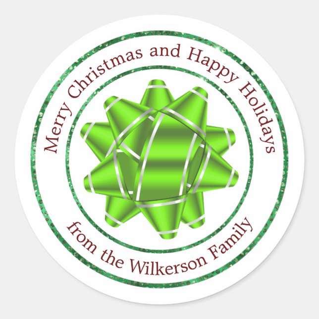 Pegatina Redonda Big Gift Bow y Green Purpurina (Anverso)