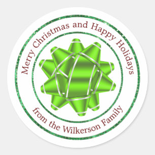 Pegatina Redonda Big Gift Bow y Green Purpurina