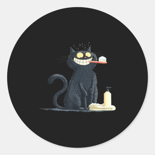 Pegatina Redonda Big Smiling Cat With Toothbrush For Teeth Brushing (Anverso)