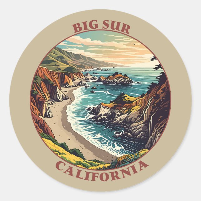 Pegatina Redonda Big Sur California EE.UU. (Anverso)