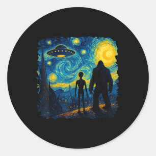 Pegatina Redonda Bigfoot Alien Ovni Van Gogh Noche Estrellada Sasqu