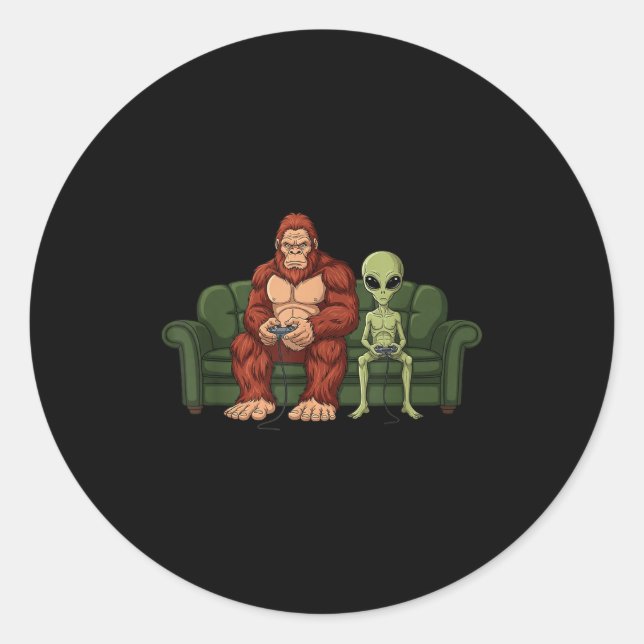 Pegatina Redonda Bigfoot Alien Video Games Gaming Sasquatch Ufo Men (Anverso)