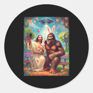 Pegatina Redonda Bigfoot conejo divertido Pascua Jesús sasquatch se