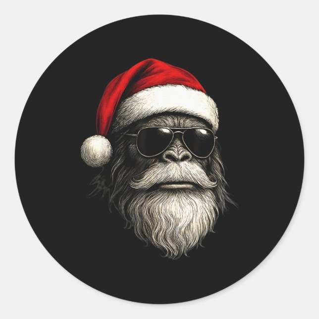 Pegatina Redonda Bigfoot Face Sungles Santa Christmas Funny Xmas Sa (Anverso)