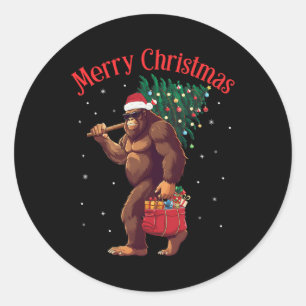 Pegatina Redonda Bigfoot Merry Christmas Tree Encende Sasquatch Xma