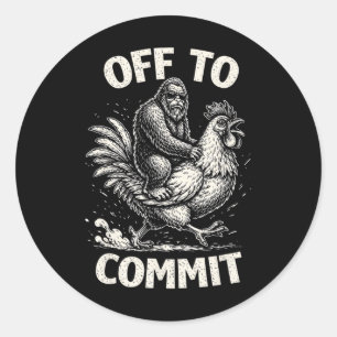 Pegatina Redonda Bigfoot montando pollo para cometer divertido Sasq