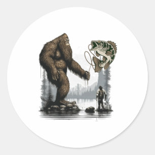 Pegatina Redonda Bigfoot Pesca Divertido Sasquatch Pescado 1