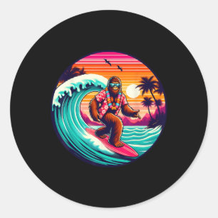 Pegatina Redonda Bigfoot Retro Surfing Tropical Sasquatch Surfeando