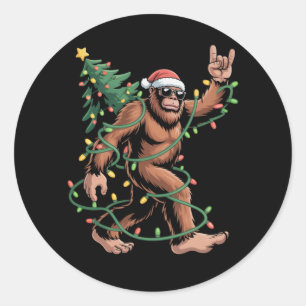 Pegatina Redonda Bigfoot Santa árbol de Navidad Sasquatch Santa