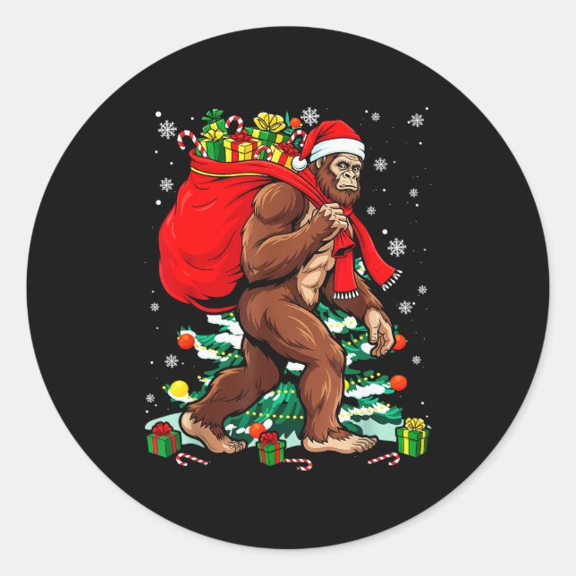 Pegatina Redonda Bigfoot Santa Carrying Christmas Bag Xmas Hat Sasq (Anverso)