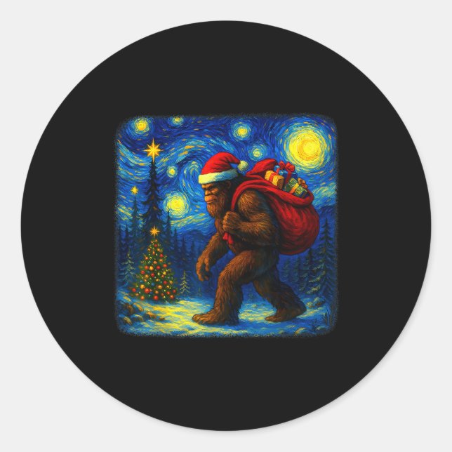 Pegatina Redonda Bigfoot Santa Christmas Starry Night Sasquatch Van (Anverso)