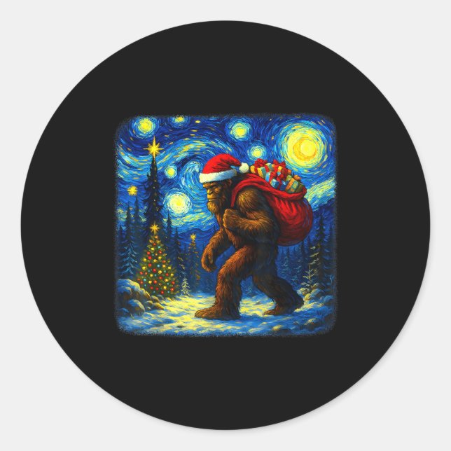 Pegatina Redonda Bigfoot Santa Christmas Starry Night Sasquatch Van (Anverso)