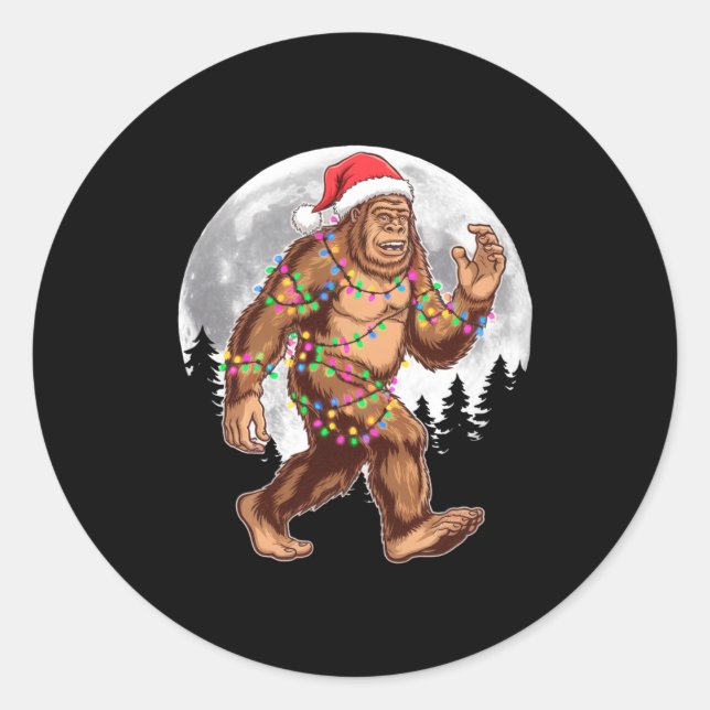 Pegatina Redonda Bigfoot Santa Christmas Tree Lights Xmas Sasquatch (Anverso)