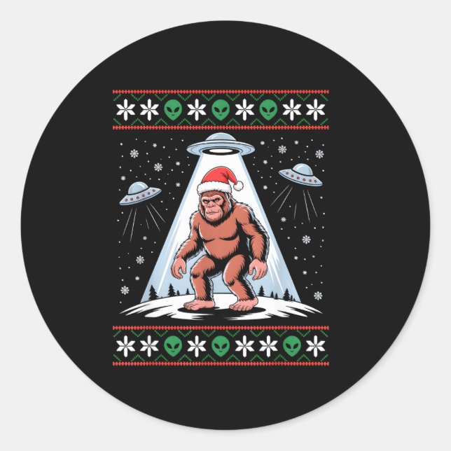 Pegatina Redonda Bigfoot Santa Ufo Alien Funny Ugly Christmas Sweat (Anverso)