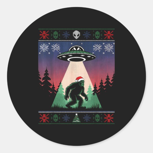 Pegatina Redonda Bigfoot Santa Ufo Alien Funny Ugly Christmas Sweat (Anverso)