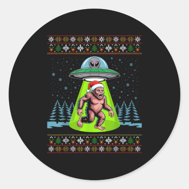 Pegatina Redonda Bigfoot Santa Ufo Sasquatch Funny Ugly Christmas S (Anverso)