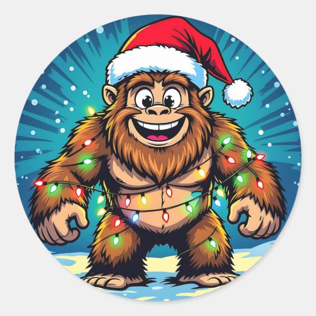 Pegatina Redonda Bigfoot Sasquatch divertido de Navidad (Anverso)