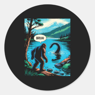 Pegatina Redonda Bigfoot Sasquatch divertido del Monstruo del Lago