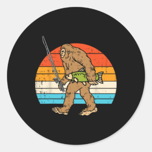 Pegatina Redonda Bigfoot Sasquatch Pesca Retro Pescador Hombres Muj