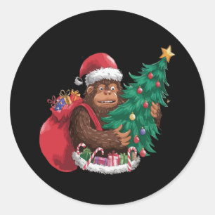 Pegatina Redonda Bigfoot Sasquatch Santa divertido árbol de Navidad