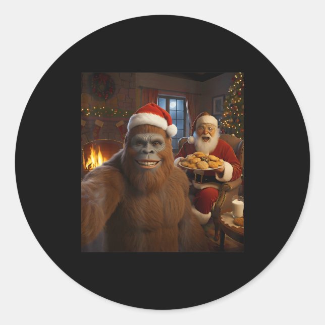 Pegatina Redonda Bigfoot Selfie With Santa Claus Funny Christmas Me (Anverso)